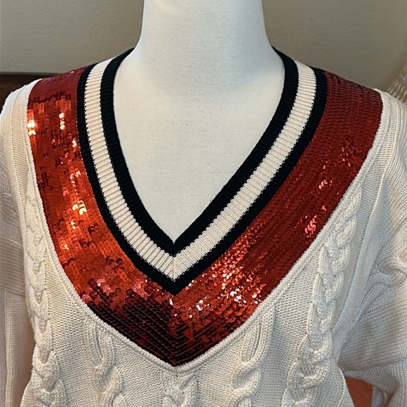 Vintage 80s Escada Wool Cable Knit Sweater with Red Sequin V Neck size 38 or M/L - Picture 4 of 16